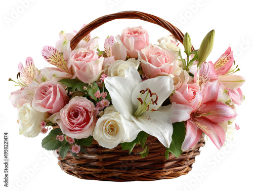 Romantic pink rose white lily basket arrangement delicate floral gift