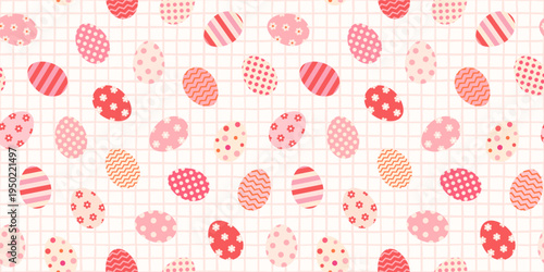 Red and pink Easter eggs vector seamless pattern on grid background for spring graphic designs for invitations and banners