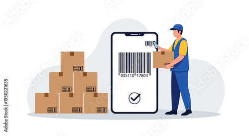 Illustration of a delivery man holding a package next to a giant smartphone with a barcode on the screen and stacked boxes