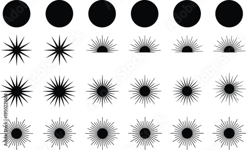 Abstract radial symmetry progression with circular geometric patterns showing transformation from solid black circles to intricate line density design for modern graphic backgrounds