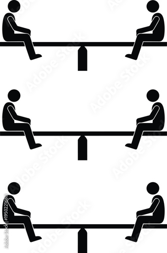 Balanced seesaw illustration with two people demonstrating physics concept of torque, symmetry, and equilibrium in lever mechanics for educational science and engineering design visuals