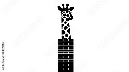 Black and white illustration of a giraffe with a spotted neck, sitting on a brick wall