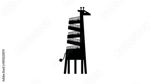 A silhouette of a giraffe with winding staircases integrated into its long neck