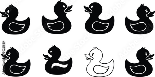 Cartoon duck illustration set featuring multiple black ducks with unique wing and beak designs, plus one distinct white duck, perfect for puzzles and pattern recognition.