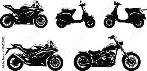 Collection of black motorcycle and scooter silhouettes featuring sport bikes, cruisers, and step-through scooters, ideal for automotive design, transport icons, and stock illustration use