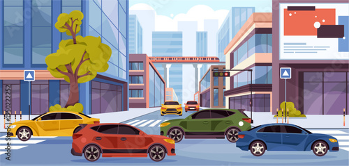 City intersection with cars moving through multiple lanes under stoplights. Vector urban transport, motion and organized traffic flow. Structure and infrastructure. Movement and roadway