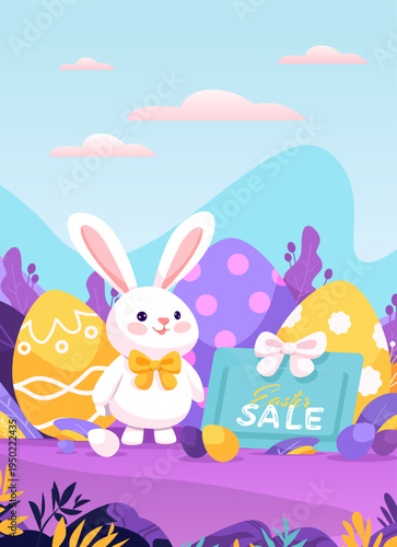 Easter bunny holding sale sign decorated eggs colorful spring landscape pastel background holiday promotion banner