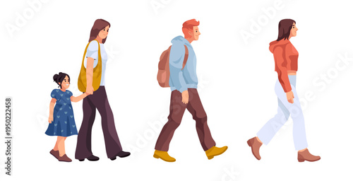Side view of walking people. Vector isolated pedestrian cartoon personages wearing casual clothes and strolling. Mother with daughter and students. Human body in motion. Leisure and social life