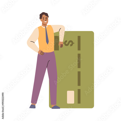 Happy man standing with new plastic debt or credit card. Vector smiling bank worker using cashless financing. Service for secure electronic or wireless payment, digital transaction and money transfer