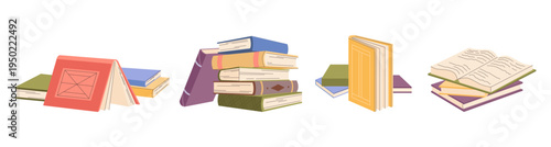 Stacks of open and closed school books, documents and diaries. Vector set of office or establishment supplies for studying and learning. Library literature or bookcase content, workplace