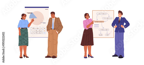 Businessmen working on project tasks. Vector isolated people showing presentation and thinking on possible business model success. Pitch or brainstorming, teamwork or consultation of specialist