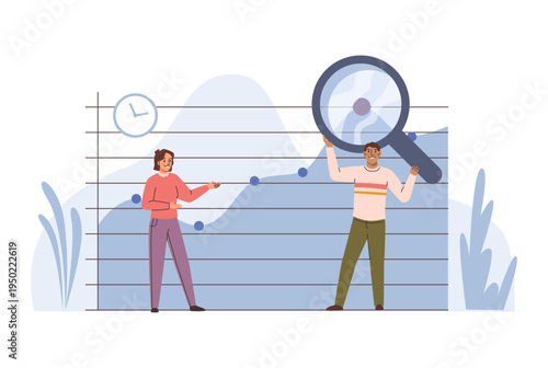 Man with magnifying glass and woman presenting marketing sales growth graph for short time. Vector small people working with big infographic. Business chart of stock market investment trading
