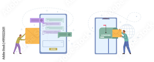 Sending and receiving documents via messenger or internet. Vector isolated characters with smartphones and online communication platform chatting and talking. Subscription and mails service