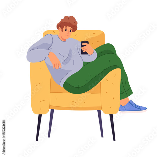 Male personage browsing web or social media pages in smartphone. Vector isolated daily routine of personage, procrastination or having break at work. Cozy armchair for resting from hard day