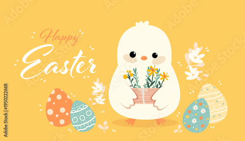 Easter chick holding flowers surrounded by decorated eggs pastel yellow background floral elements festive holiday theme