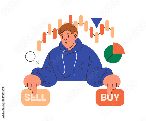 Sell or buy stock market choice for traders. Vector in flat style, isolated teenager making choice. Trading business and investment, profitable solution for saving money. Risk and gain concept