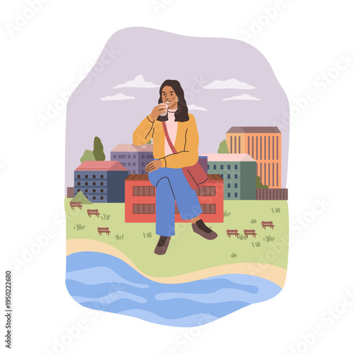 Giant woman siting on municipal building and drinks tea or coffee. Vector large sized character with bag resting, gigantic girl on bank of river or sea. Happy enormous person in city. Calm urban life