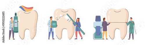 Teeth whitening and brushing, isolated small doctors cleaning big molars. Vector toothbrushes and dental floss for professional oral hygiene. Medicine, healthcare and treatment in clinic
