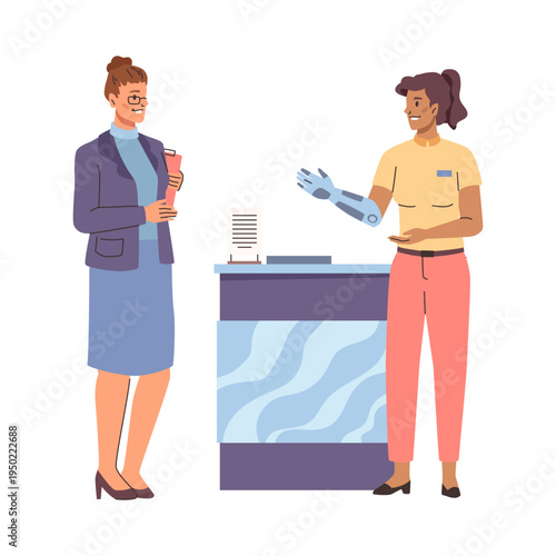 Woman with prosthetic arm at workplace. Vector female receptionist with disability talking to guest or manager. Corporate personnel with inclusive abilities. Social adaptation for handicapped people