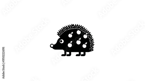 Stylized, black and white image of an adorable hedgehog with apples on its back. Simple, charming design