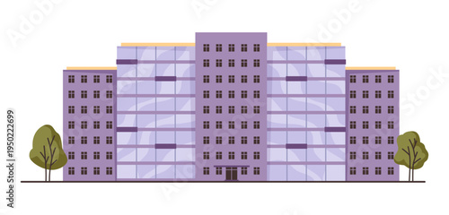 Modern building with greenery, isolated city architecture with glass walls construction design. Vector house or home with panoramic windows and lounges. Residential downtown or town center structure