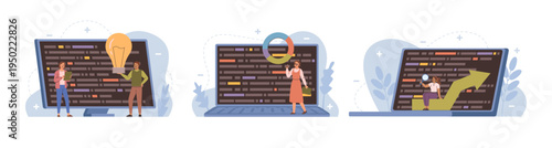 Debugging process set, small people working with huge screen devices. Vector fixing bugs and making new ideas in hardware. Application development and quality assurance service concept