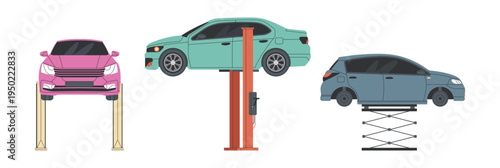 Cars on hydraulic lifts in professional auto repair service. Vector set of elevated vehicles. Vehicle maintenance, mechanic working and garage repair. Professional auto care and technical diagnostics