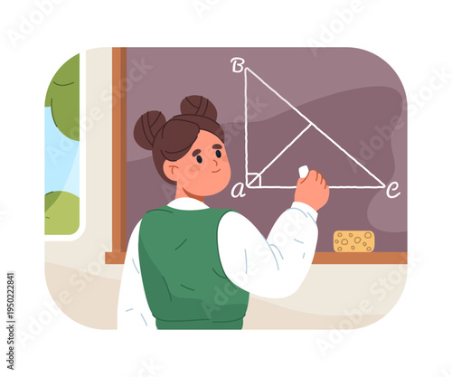Schoolgirl student answering by blackboard in class. Vector in flat style, kid girl solving geometric question. Geometry studying and examination of children skills. Daily routine of character