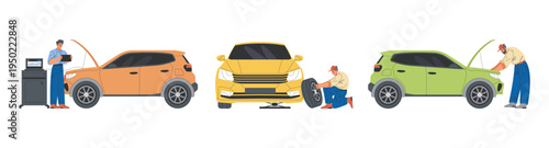 Technicians performing routine car maintenance. Vector set of repairmen checking oil, filters and tires. Vehicle inspection and automotive care, safety check and mechanical work for drivers