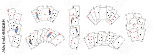 Combinations of number and face cards. Vector isolated poker playing decks. Multiple players gambling. Board games for adults. Competition and social interaction, pastime and leisure