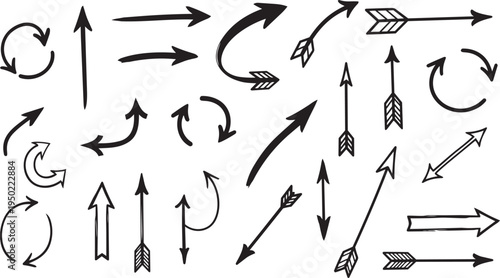 Black silhouette icons of arrows in varied styles showing direction, motion, and navigation
