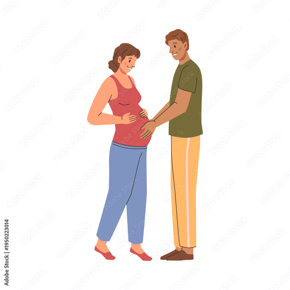 Fototapeta premium Husband and pregnant wife, isolated man and woman starting family together. Vector smiling male and female characters in love waiting for children, expectant lady and guy. New stage in life