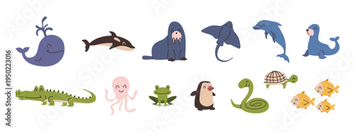Representatives of amphibians, mollusks and fish, reptiles and mammals. Vector isolated whales, walrus and jellyfish, stingray and dolphin, fur seal and penguin, crocodile and frog, turtle and snake