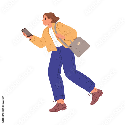 Girl student late for classes. Vector in flat style, isolated teenage character rushing and running looking at smartphone. Responsible teenager hurrying to classroom in school, university or college
