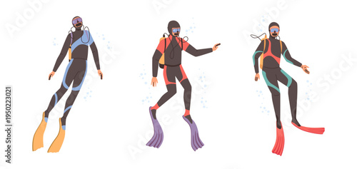 Diver characters wearing protective costumes, flippers and goggles, oxygen masks and tanks on shoulders. Vector scuba diving summer activity or sports, recreation and hobby. Underwater exploration