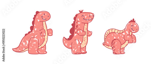 Smiling Tyrannosaurus characters, kid draw of dinos with spots. Vector carnivorous creature from cretaceous period with small arms. Prehistoric animal, isolated cute jurassic reptiles