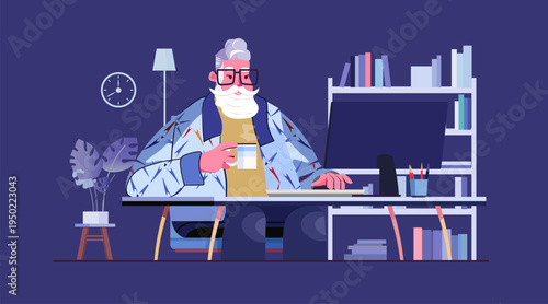 Senior man working at computer home office modern workspace bookshelves indoor plant lamp clock coffee cup creative desk