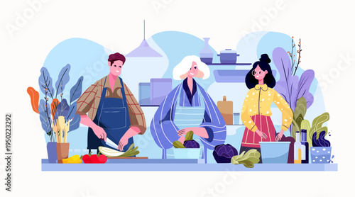 Active seniors cooking healthy food together kitchen group preparing vegetables modern home interior plants utensils colorful flat design