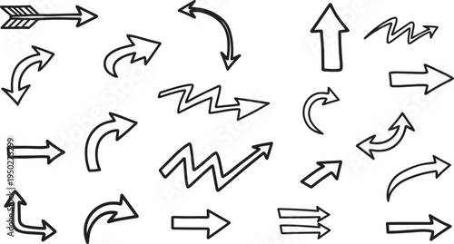 Black silhouette icons of arrows in varied styles showing direction, motion, and navigation