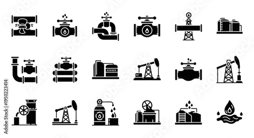 Oil and Gas Industry Icons - Production, Processing, and Transportation.