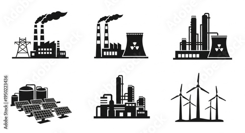 Diverse Energy Production - Factories, Solar Panels, and Wind Turbines.