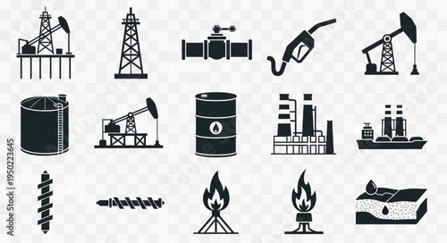 Collection of Oil and Gas Industry Icons in Black Silhouette.