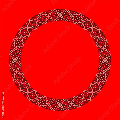 Ukrainian embroidery round frame vector ornament inspired by traditional vyshyvanka patterns. Decorative circular border with geometric folk motifs in red and black colors made in cross stitch style. 