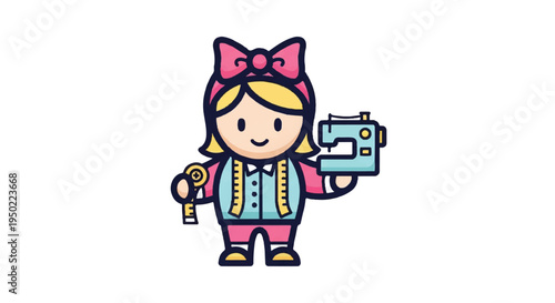 Cartoon seamstress with sewing machine and measuring tape illustration