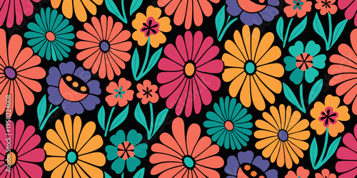A vibrant repeating pattern of colorful stylized flowers on black