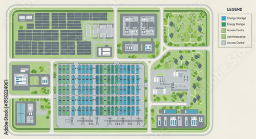 Detailed Layout of a Solar Power Plant with Infrastructure.