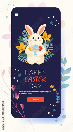 Easter bunny holding decorated eggs floral background pastel colors mobile app screen festive holiday celebration template