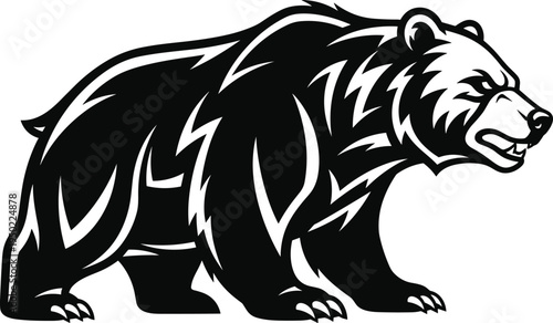 Aggressive grizzly bear mascot vector illustration with sharp tribal lines, powerful standing predator silhouette for sports team logos, hunting clubs, and outdoor wilderness branding. (25 words)