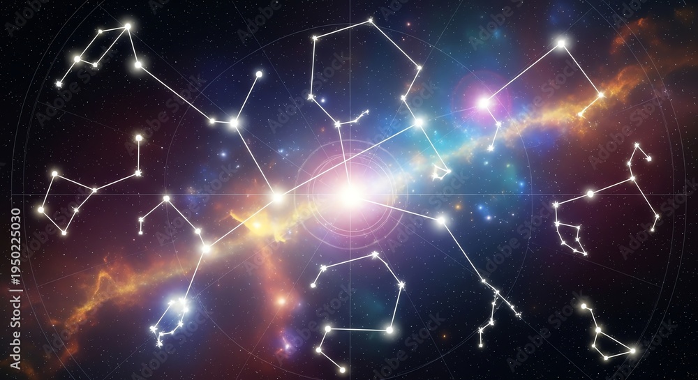 Fototapeta premium Bright constellations connect across colorful cosmic nebula background