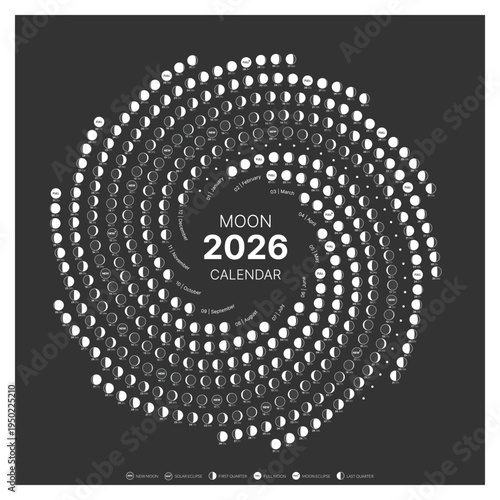 Spiral moon cycle calendar for 2026. Astronomy round dairy. Poster of the lunar monthly cycle. Vector illustration. Lunar lap calendar isolated on a black background